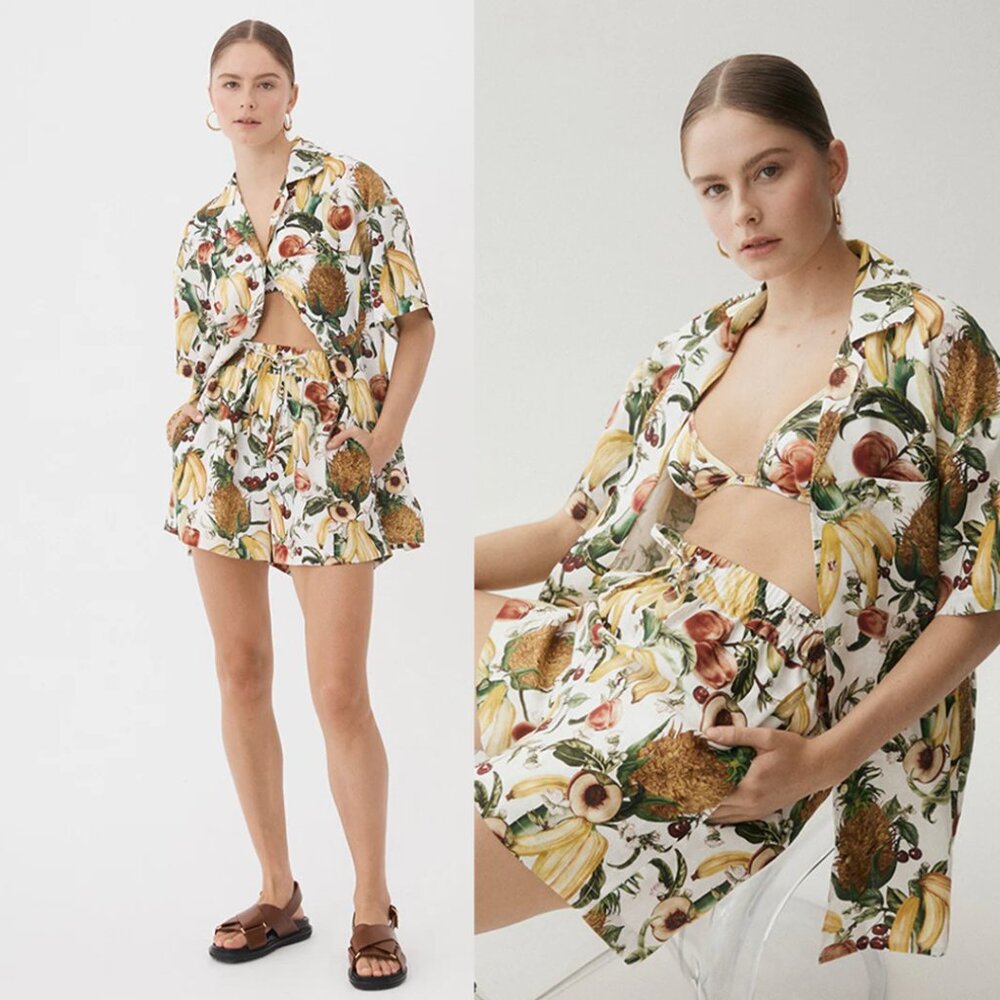 Ephemera Tropicana Siesta Coords Shirt And Shorts Set Fruit Printed Linen Sz 4